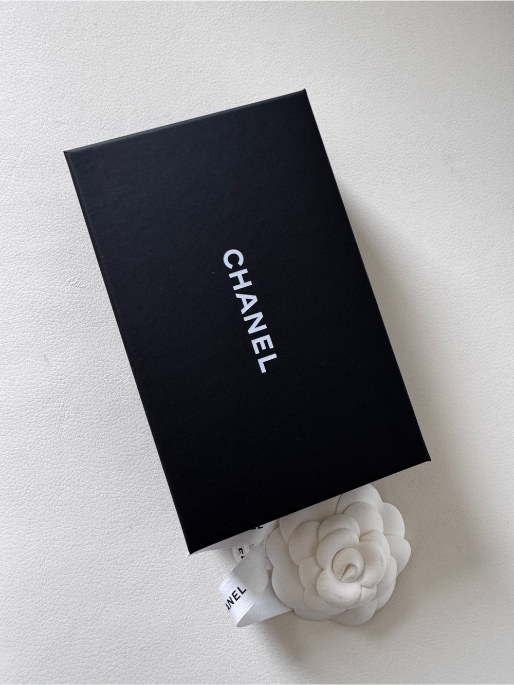 Chanel Black Logo Card Wallet/Gift Box with White Camellia & Printed Ribbon
